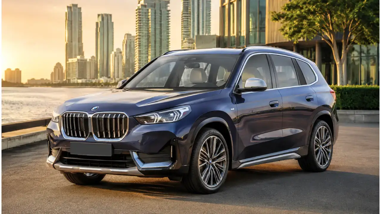 BMW X1 LWB लग्जरी SUV का फ्रंट थ्री-क्वार्टर व्यू