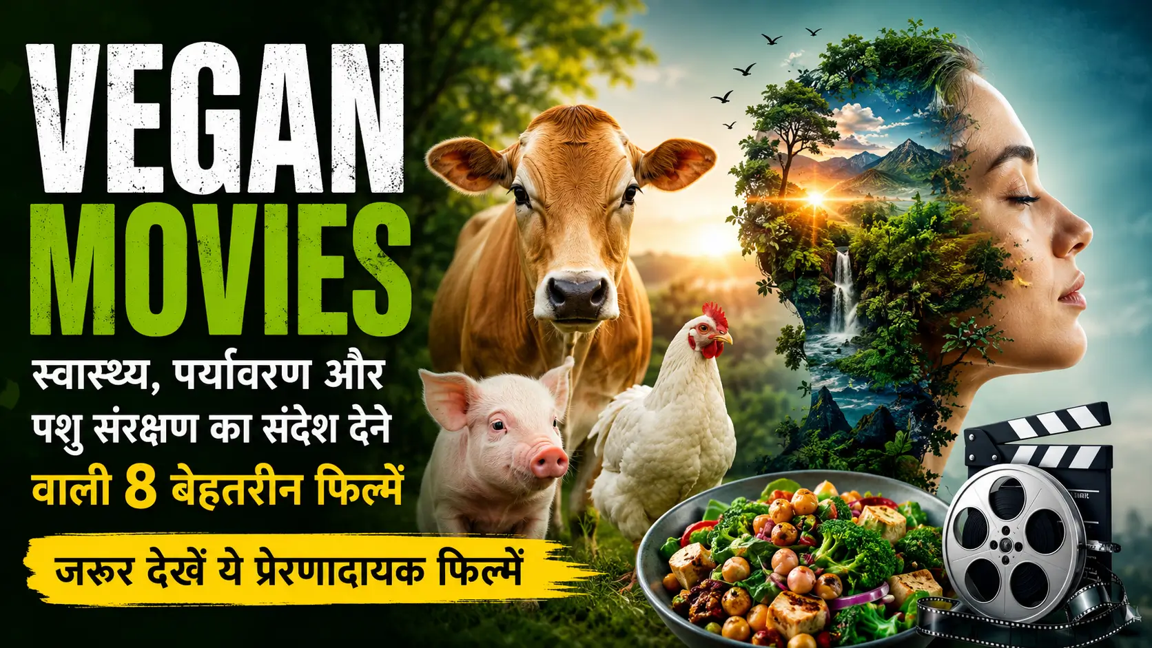Vegan Movies 2026 पर आधारित पोस्टर, जिसमें गाय, मुर्गी, पौधों से भरपूर भोजन और प्रकृति के साथ स्वास्थ्य, पर्यावरण व पशु संरक्षण का संदेश दिखाया गया है।