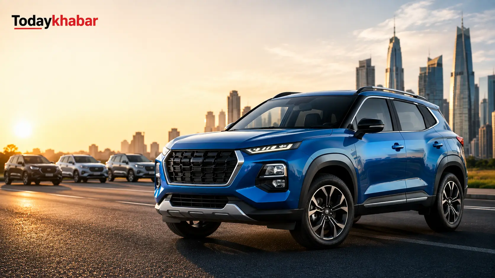 Blue Nissan Tekton features SUV parked on a modern city road with Todaykhabar branding, showcasing premium design and latest features.