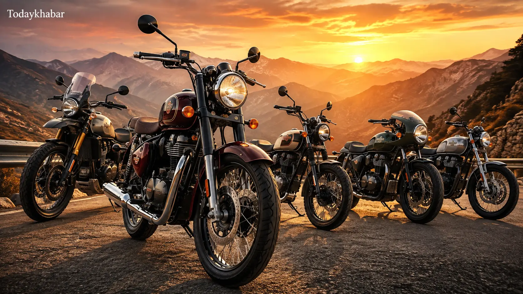 Golden hour में सड़क पर खड़ी Royal Enfield bikes की नई Classic 650, Himalayan 750, Scram 440, Interceptor 750 और Continental GT 750 जैसी अपकमिंग बाइक्स।