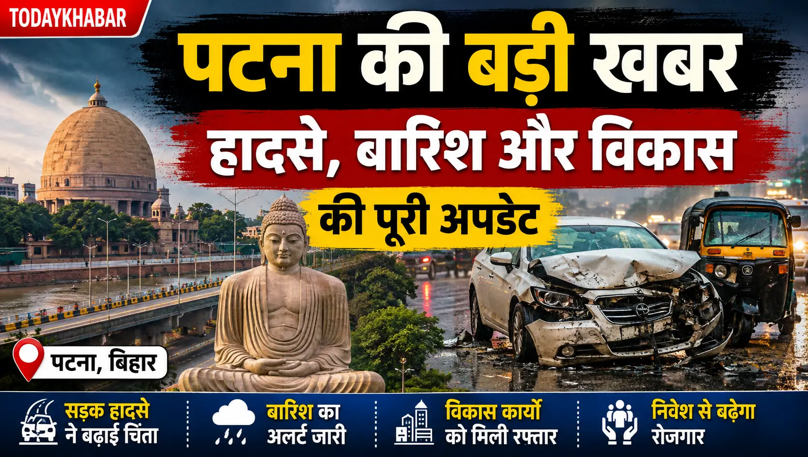 Patna news पटना की बड़ी खबरों का प्रतीकात्मक चित्र, जिसमें सड़क हादसा, बारिश का अलर्ट और शहर के विकास कार्य दिखाए गए हैं।