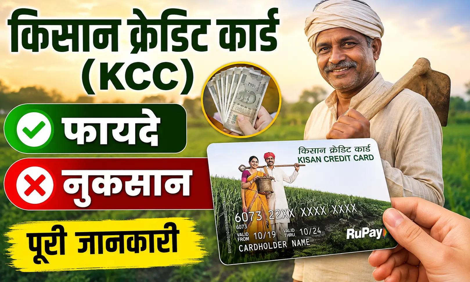 Kisan Credit Card loan (KCC) के फायदे और नुकसान दिखाता हुआ किसान और KCC कार्ड का जानकारीपूर्ण पोस्टर।
