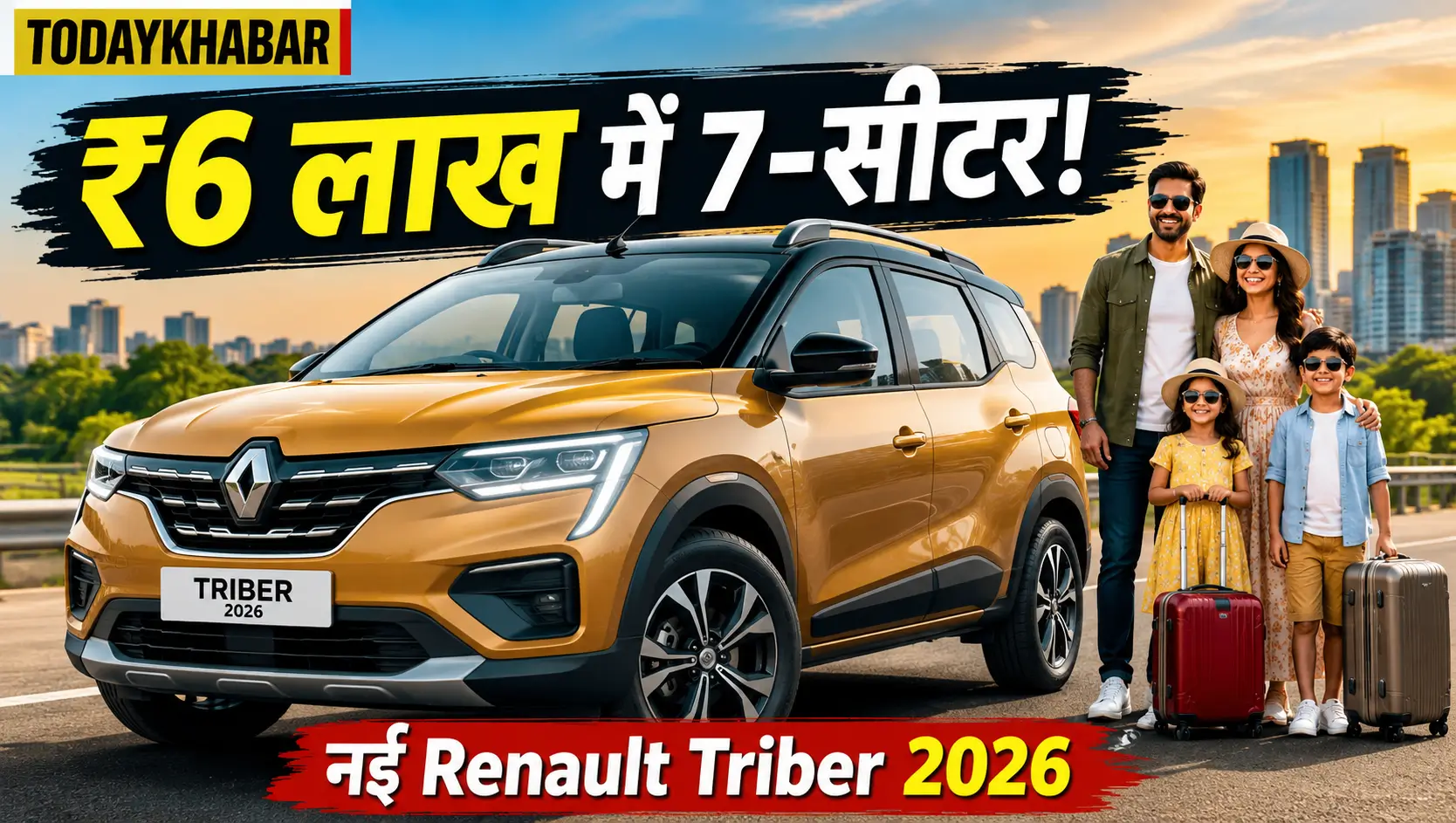Renault Triber Car 2026 की नई 7-सीटर कार का फ्रंट व्यू, कम कीमत और प्रीमियम फीचर्स को दर्शाती Google Discover न्यूज़ थंबनेल।