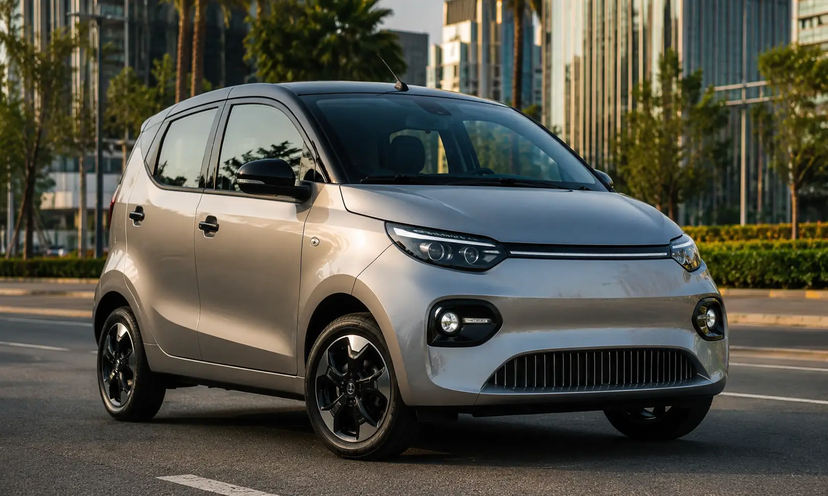 Tata Nano Price 2026 के लिए आधुनिक इलेक्ट्रिक हैचबैक कार का प्रीमियम फ्रंट थ्री-क्वार्टर लुक
