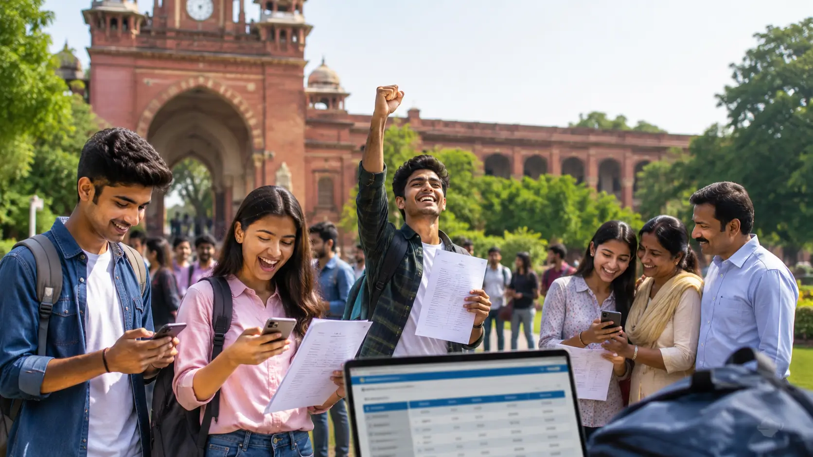 DU Third Cutoff 2026 के बाद दिल्ली यूनिवर्सिटी कैंपस में एडमिशन रिजल्ट चेक करते और खुशी मनाते छात्र।