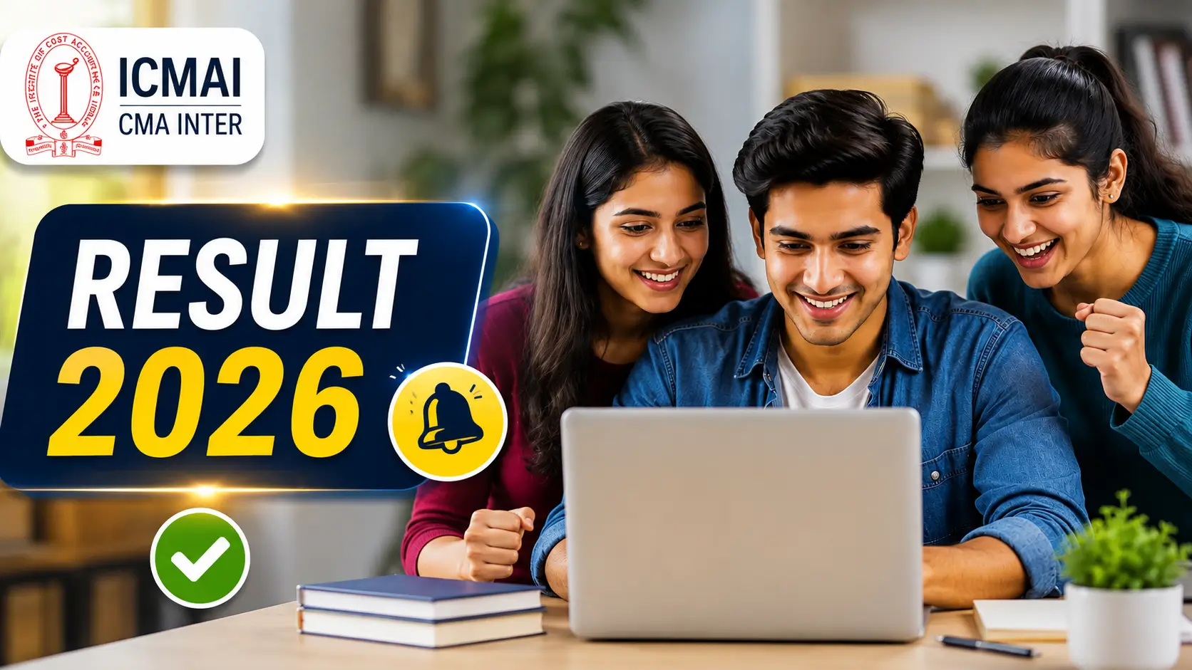 ICMAI CMA Result 2026 जारी, छात्र लैपटॉप पर रिजल्ट देखते हुए।